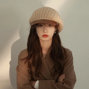 Versiune Mai Mare Fata Dezvăluind Mică Pălărie Din Piele Refuz Bereta Tricotate Din Lână Pentru Femei Toamna Și Iarna Roșu Net Capul Mare