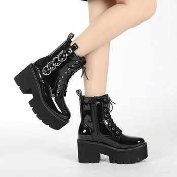 Demonia Moda Lanț de Metal Platforma Femei Gotic Cizme Punk pantofi Nit de Brevete din Piele Glezna Cizme Femeie Neagră, Pantofi cu Toc