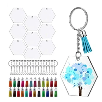 72Pcs Acrilic Transparent Discuri Hexagon Breloc Spații Farmece și Moț Pandantive Breloc cu Lanț pentru a Meserii DIY