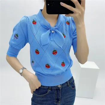 Bluza tricot Tricouri pentru Femei de Vară 2021 Subțire Topuri de Cultură Blusas Mujer Cute Strawberry Broderie Eșarfă Guler Puff Maneca T Shirt