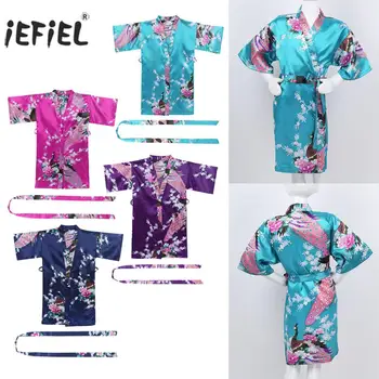 Primăvară Copii Halat de baie Păun Flori Imprimate Kimono Japonez de Moda de Ziua Satin Halat de baie pentru Fete Baieti camasa de noapte, Pijamale