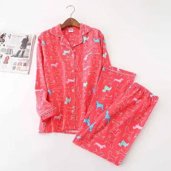 Toamna Doamnelor Nou Set de Pijama Desene animate Imprimate Rose Red Confort Deplin Bumbac 2 buc Sleepwear Guler de Turn-down Homewear Casual Uzura