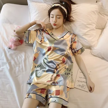 Femeile coreene Dulce Pijamale cu pantaloni Scurți de Vară Subțire cu mânecă Scurtă Minunat V-neck Silk 2 Bucata Set Pijama Femei, Haine de Acasă