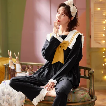 Pijama Seturi pentru Femei Desene animate Imprimate Princess Peter-pan Guler stil coreean Sweety Fete Homewear Pijamale Kawaii Agrement Moale de zi cu Zi