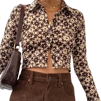Tricou femei Vintage Floral Print Shirt Y2k Cardigan cu Maneca Lunga cu Guler Buton Jos Bluza Femei Pulovers Tricouri