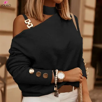 Inclinat Umăr Cu Lanț Decorativ Pulover T-Shirt Femei Toamna Anului 2022 Noua Moda Casual Cu Mâneci Lungi Negru Caise Bluza Maree