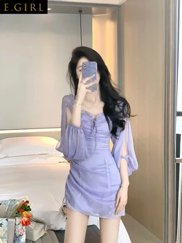 Maneci Lungi Din Dantela Zână Rochie Mini Femei Moda Coreeană Shirring Skinny Sexy Rochii 2022 Solid Bandaj Elegant Vestidos