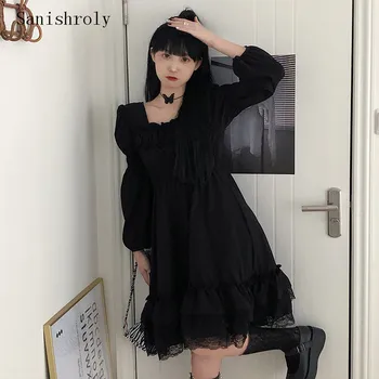 Japonez Stil Lolita Femei Printesa Negru Rochie Mini Cu Talie Înaltă Volane De Dantela Rochii Diablo Harajuku Puff Sleeve Dress Gotic