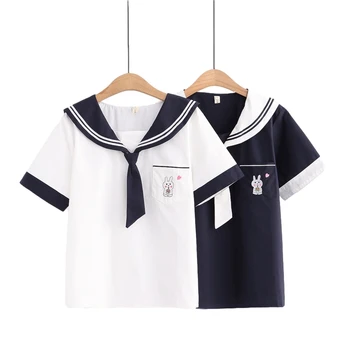 Japonez Drăguț Iepure Alb, Tricouri Fete Bleumarin Cu Guler Bluze Femei 2021 Vară Stil Preppy Casual Kawaii Lega Uniformă Școlară Topuri