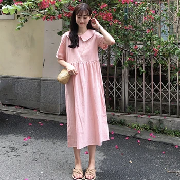 Dulce și proaspăt Japoneză Peter Pan Guler rochie a-Line de sex feminin coreeană elevii liber Lap top culoare solidă rochie casual