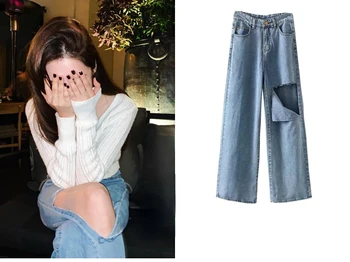 Kpop Jennie Coreean Albastru Vintage Denim Pantaloni Femei 2023 Vara Vrac Talie Inalta Blugi Drepte Largi Picior Gol Blugi Gaura