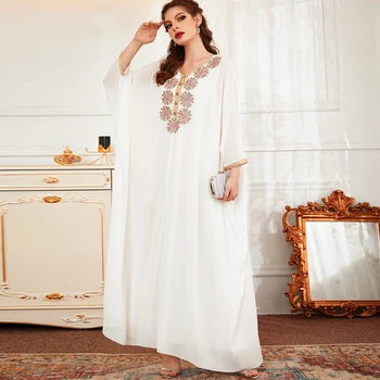 Moda musulmană Abaya Dubai Turcia Islam Rochie pentru Femei arabe KaftanWhite Decolteu Broderie cusute de Mână Diamant Bat Rochie