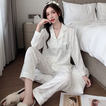 Femei Set de Pijama Scrisoarea V Tipărite Carouri Sleepwear Stil lux Mătase Ca Maneca Lunga Pantaloni Homewear Două Poze de Toamna Homewear