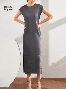 HiIssey Miyake Design De Moda De Vară De Culoare Solidă Slim Intelectuală Femei Cutat Fără Mâneci Gât Rotund Split Lungi Rochii Stil