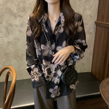 Negru Tricou Vintage Primavara-Vara Supradimensionat Sifon Bancă Bluza Femei Moda Coreeană Maneci Lungi Buton-Up Cardigan