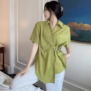 Design asimetric Estetice Verde de Vara pentru Femei Tricou Maneci Scurte Largi Casual 2022 Nou Bluza Chic Transport Gratuit coreeană