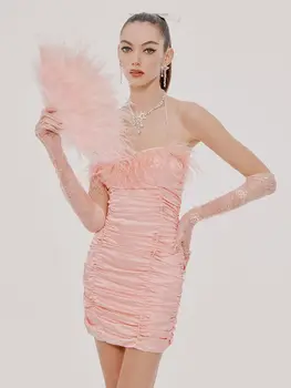 Moda Roz Cu Pene Drapat Rochie Mini Eleganta Fără Mâneci Fara Spate Celebritate Club Rochie Petrecere 2022 Nou Tinutele De Vara