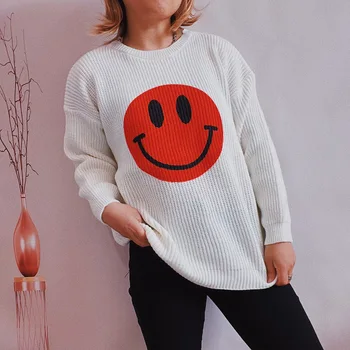 Femei 2022 toamna și iarna noi îngroșat largi tricotate bottom tricou rotund gat smiley imprimate pulover