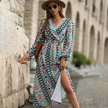 Fierbinte Stil Doamnelor Europene De Moda American New Imprimare Boem V Gatului Maneca Lunga Femei Libere Rochii Lungi