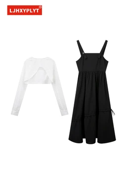 Alb cu mâneci Lungi de Top Suspensor Rochie din Două piese pentru Femei Primavara-Vara Nou Design Simplu, de protecție Solară T-shirt Negru Fusta Lunga Costum