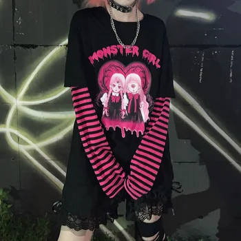 Mozaic Cu Mâneci Lungi Anime Gothic Punk T-Shirt De Vară De Sex Feminin Japonez Harajuku Vintage Cu Dungi Loose Casual Tricou T-Shirt