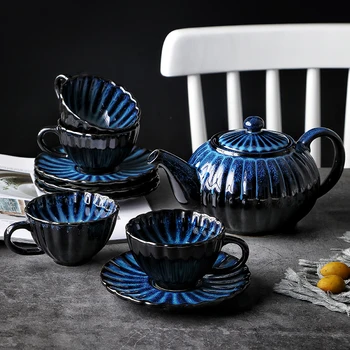 1 BUC RELMHSYU Europene Syle Albastru Ceramice Mlik Cafea, Ceai, Ceasca Si Farfurie Set de Temperatură Înaltă Ceainic Capacitate Mare de Ceai