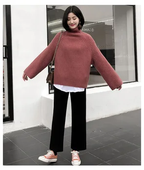 2019 Nou coreean Toamna Iarna Femei Largă picioare pantaloni Drepte Pantaloni Casual Subțire Solid negru pantaloni