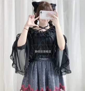 Japoneze Peter pan Guler Șifon Cămașă de Sus Lolita Tricou Dulce Drăguț Retro Gothic Petrecere de Ceai Loli Tricou