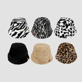 Winter Fashion Faux Blana De Pluș Găleată Pălărie Femei Leopard De Imprimare În Aer Liber, Soare Cald Pălărie Moale De Catifea Doamna Panama Pescar Capac