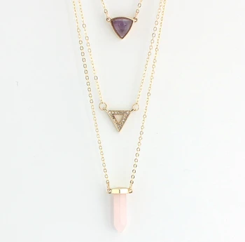 2016 Nou Multistrat piatra naturala roz creion butuc colier bijuterii de cristal triunghi colier pentru femei