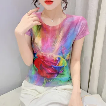 #5147 Tie Dye Flori Imprimate T Camasa Femei Maneca Scurta de Vara de Bază Tricou Sexy Femeie T-shirt Femme de Moda de Înaltă Calitate 