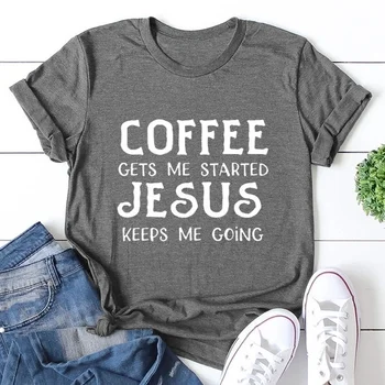 Cafeaua Devine M-a Început Isus Mă Ține Femeile Amuzant tricou drăguț sloganul grunge tumblr petrecere hipster teuri religie sus L459