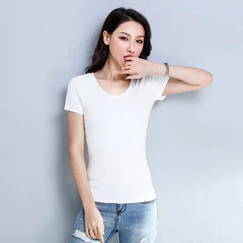 gât rotund alb T-shirt pentru femei, de bumbac, cu maneci scurte, Amoi culoare solidă, slim jumătate maneca top, T-shirt, bottom tricou T-shirt