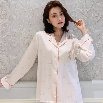 Doamna Primavara Toamna Pijama Satin Matasos Doamnelor Maneci Lungi De Mari Dimensiuni Casual Pierde Pijama Stil Coreean Homewear Femei Pijamale