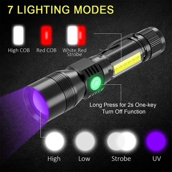 3 În 1 UV 365nm Lanterna Violet+Alb+ROSU Reîncărcabilă Lanterna LED cu Zoom Impermeabil Camping Lumina 7 Moduri Clip de Buzunar Magnet Lampa