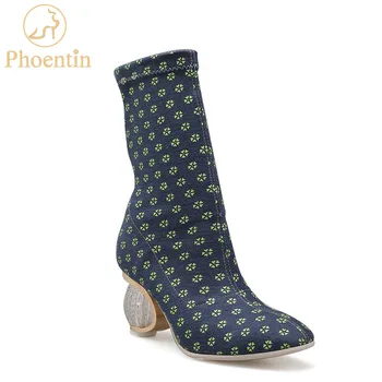 Phoentin aluneca pe elastic la jumătatea vițel cizme pentru femei 2019 polka dot bota femei cristal tocuri cizme femininas transport gratuit FT481