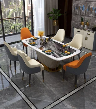 Post lumină moderne de lux, marmura, masa si scaun combinație roșu net ins italiană dreptunghiulară masă lumină de blană de lux