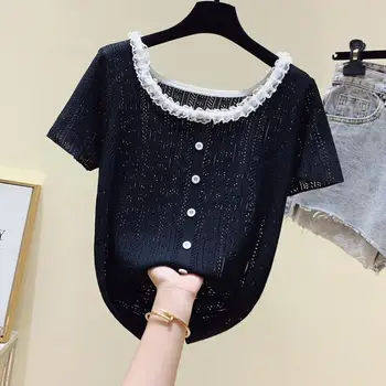 2021 Vara Noi Femeile De Moda O-Gât Lace Mozaic Teuri Maneci Scurte Tricotate T-Shirt De Sex Feminin Gol Afară Punte Trage Topuri A40